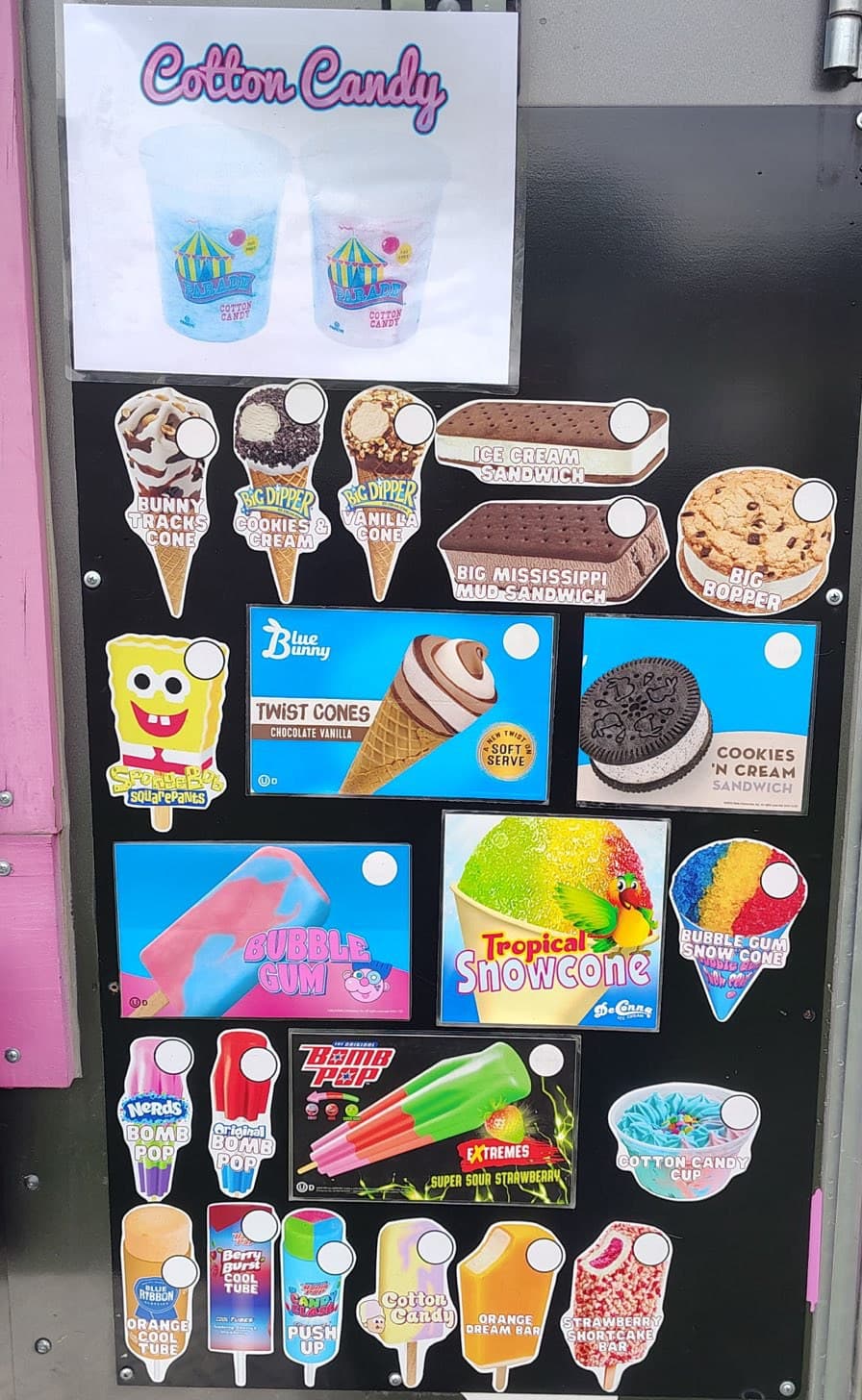 Foam & Novelty Ice Cream Truck menu — cones, sandwiches, bomb pops, snow cones, cotton candy